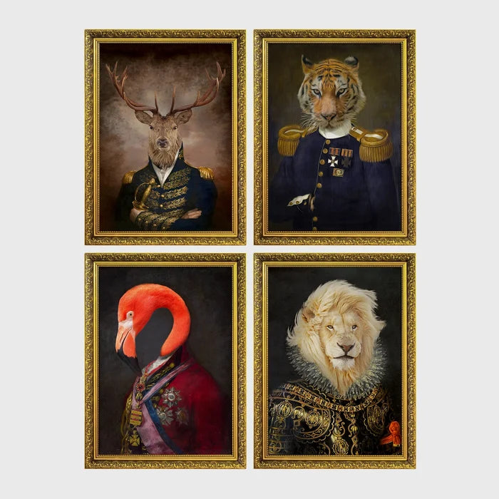 Set of 4 framed prints, animals in military/noble dress: a stag in a military-style uniform; a tiger in a military uniform with medals; a flamingo in a royal red robe; and a lion in ornate armour with a ruffed mane — unframed
