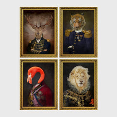 Set of 4 framed prints, animals in military/noble dress: a stag in a military-style uniform; a tiger in a military uniform with medals; a flamingo in a royal red robe; and a lion in ornate armour with a ruffed mane — unframed