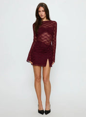 Best You Had Mesh Long Sleeve Mini Dress Burgundy
