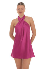 Satin Cross Halter Dress in Magenta