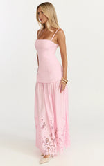 Everly Maxi Dress - Straight Neck Broderie Cut Out Hem Dress in Pink