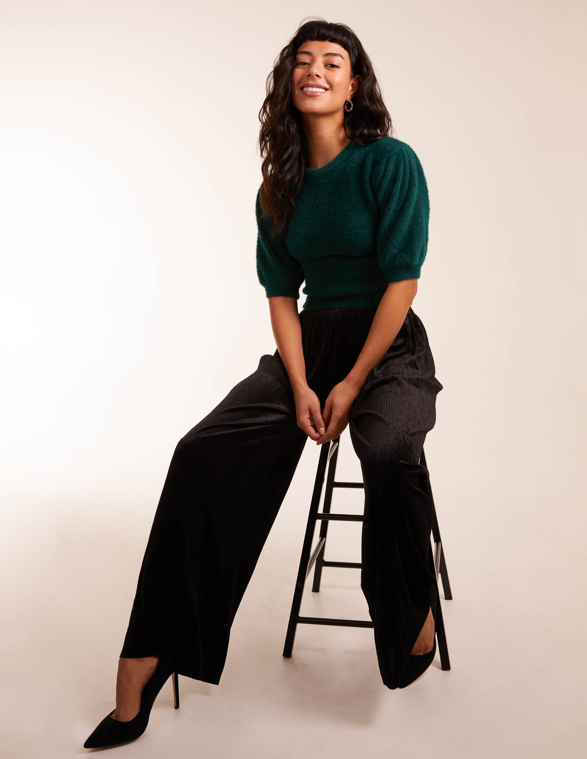 Wide Leg Textured Velour Trouser