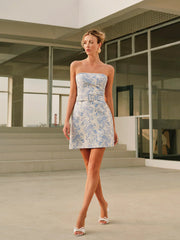 Jacquard Collarless Short Dress With Belt