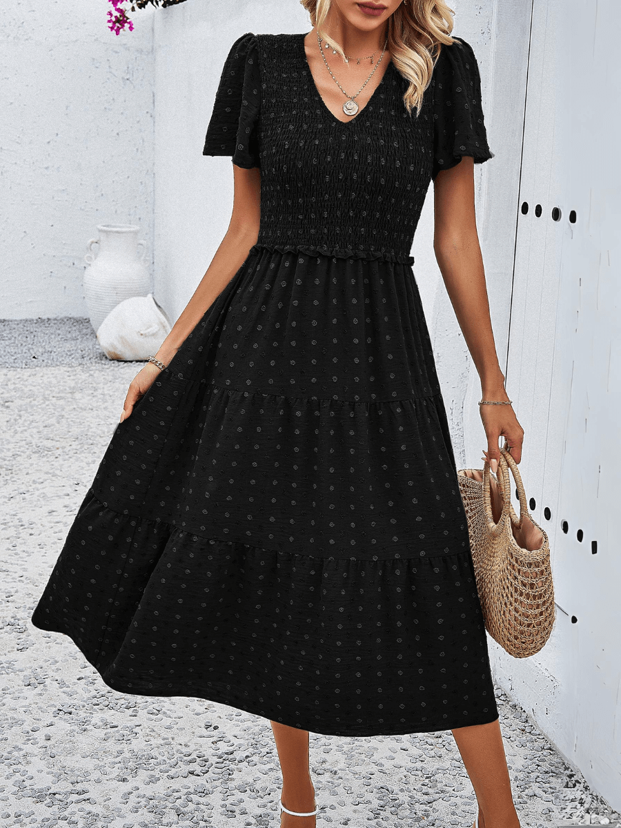 Leonie Spotted Tiered Midi Dress - Black