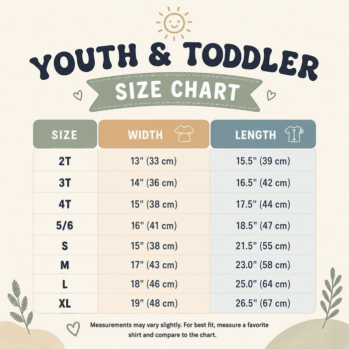 Tea-Shirt Shoppe youth and toddler size chart for graphic tees featuring width and length measurements in inches and cm