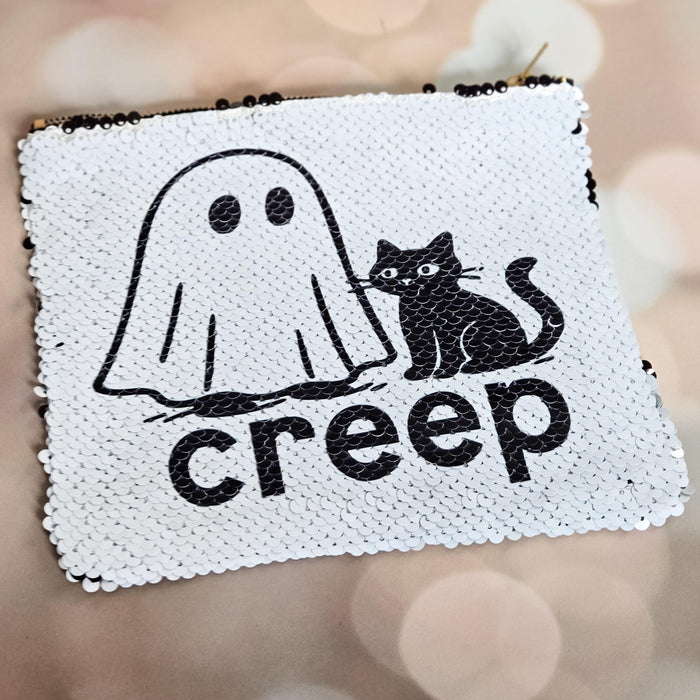 Ghost Cat "Creep" Bag – Halloween Sequin Pouch – Black Flip to White Makeup Bag, Spooky Cute Cosmetic Case, Sequin Zipper Pouch Salt and Sparkle