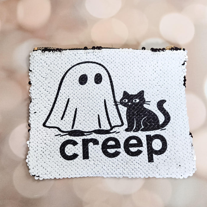 Creep Ghost Cat Halloween Sequin Makeup Pouch Salt and Sparkle