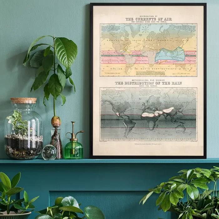 Currents of air and distribution of rain art print, educational poster black framed on a living room shelf