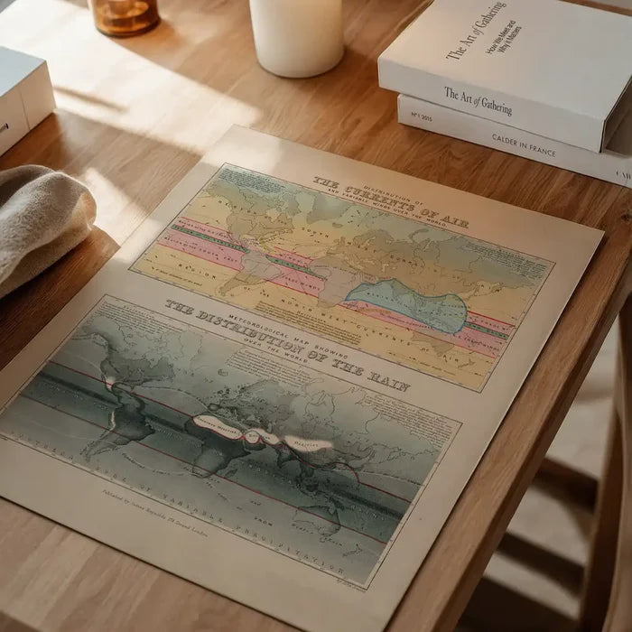 Currents of air and distribution of rain art print, educational poster unframed on a home office desk
