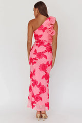 Deanna One-Shoulder Ruffle Maxi Dress Floral Pink