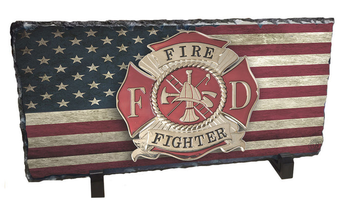 Distressed American Flag Fireman Maltese Cross Slate Rock