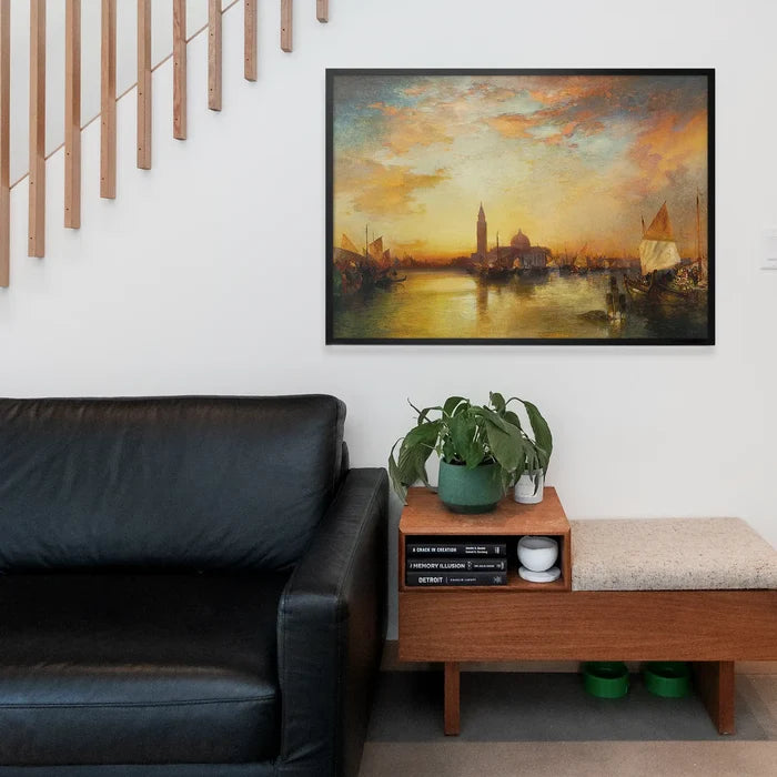 Ducal palace Sunset Print by Thomas Moran, fine art poster framed above a living room sofa