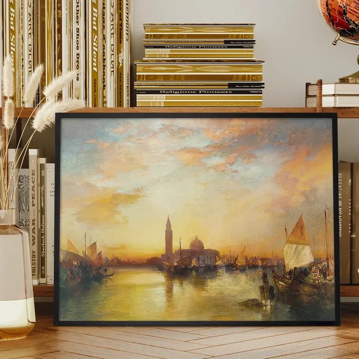 Ducal palace Sunset Print by Thomas Moran framed on a living room bookshelf