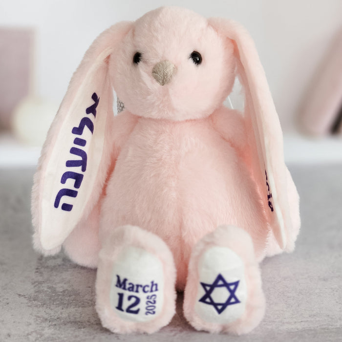 English and Hebrew Custom Plush Bunny for Kids Salt and Sparkle
