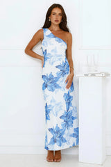 Blueberry Breeze One Shoulder Mesh Maxi Dress Blue