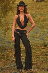 Ruffled Mid-Rise Flared Trousers in Black