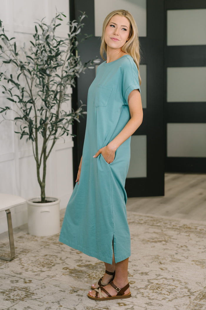 Fix You Right Up short sleeve midi dress in dusty teal jersey knit – alternate view 3