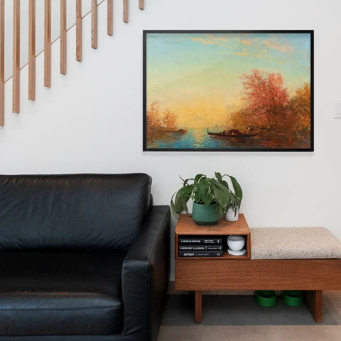 Fusine, Environs De Venise Print by Félix Ziem, fine art poster framed above a living room sofa