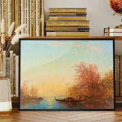 Fusine, Environs De Venise Print by Félix Ziem framed on a living room bookshelf