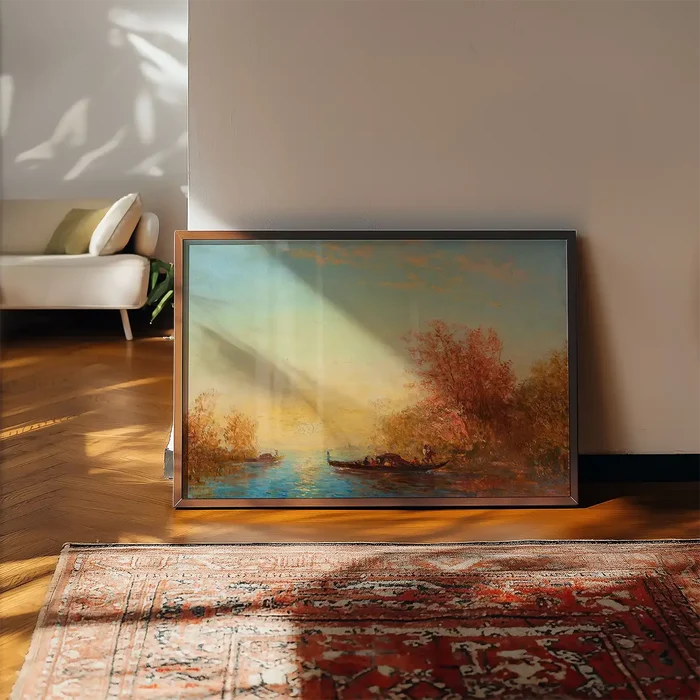 Fusine, Environs De Venise Print by Félix Ziem framed, leaning on a wooden floor beside a rug