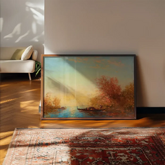 Fusine, Environs De Venise Print by Félix Ziem framed, leaning on a wooden floor beside a rug