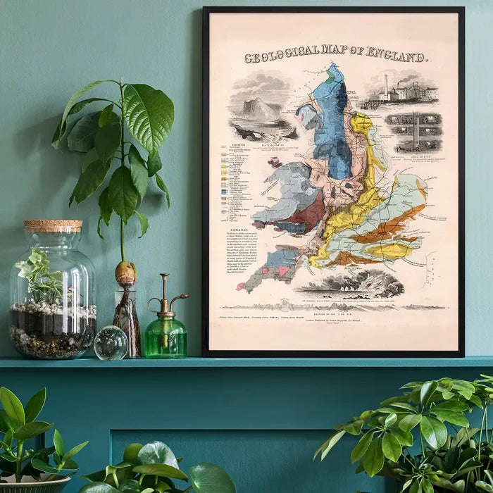 Geological map of England art print, educational poster black framed on a living room shelf