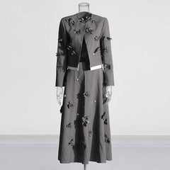 Grey Skirt Suit With Flower Embellished Jacket and Skirt