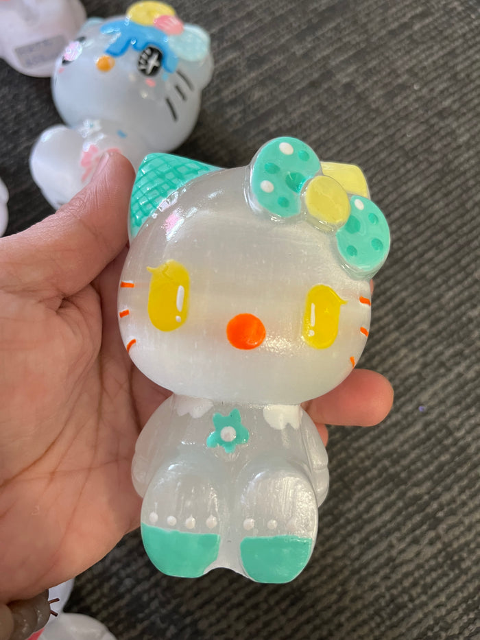 Hello Kitty Selenite Hand Painted Carving