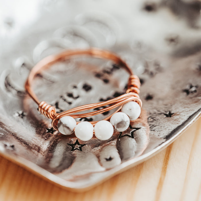 Howlite Bead Ring, Wire Wrapped White Crystal Ring, Calming Stone Jewelry, Minimal Boho Stacking Ring, Handmade Gemstone Ring Salt and Sparkle