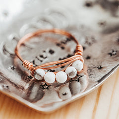 Howlite Bead Ring, Wire Wrapped White Crystal Ring, Calming Stone Jewelry, Minimal Boho Stacking Ring, Handmade Gemstone Ring Salt and Sparkle