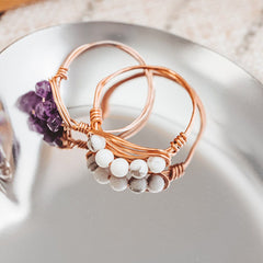 Howlite Bead Ring, Wire Wrapped White Crystal Ring, Calming Stone Jewelry, Minimal Boho Stacking Ring, Handmade Gemstone Ring Salt and Sparkle