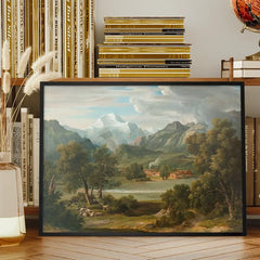 Lauterbrunnertal Near Unterseen Print by Joseph Anton Koch framed on a living room bookshelf