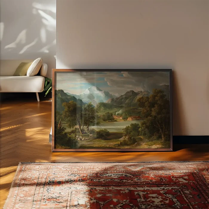 Lauterbrunnertal Near Unterseen Print by Joseph Anton Koch framed, leaning on a wooden floor beside a rug