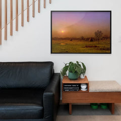 Marsh Sunset Print by Martin Johnson Heade, fine art poster framed above a living room sofa