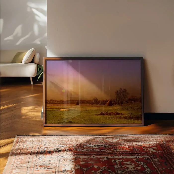 Marsh Sunset Print by Martin Johnson Heade framed, leaning on a wooden floor beside a rug