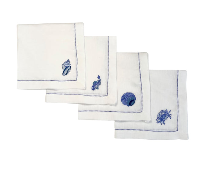Mixed Sea Life Embroidered on White Linen & Fresh Blue Hem Stitch Dinner Napkins, Set of 4