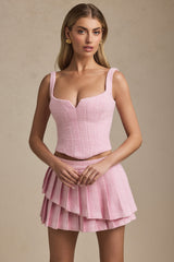 Layered Pleated Low-Rise Mini Skirt in Soft Pink