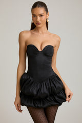 Satin Bubble Hem Corset Mini Dress in Black