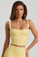 Embellished Square-Neck Crop Top in Yellow