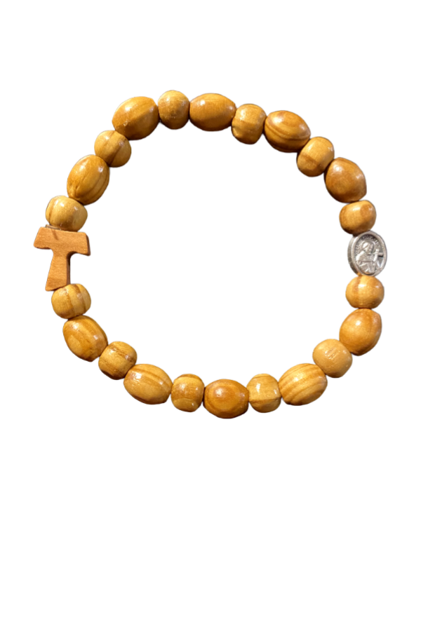 Olive Wood Bracelet with Tau Cross and Saint Medal