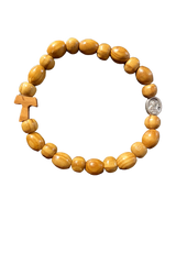 Olive Wood Bracelet with Tau Cross and Saint Medal