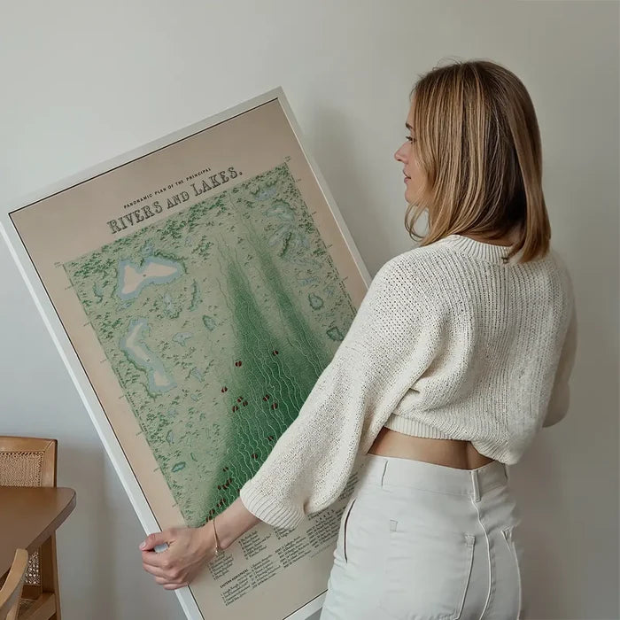 Panoramic plan of the principal rivers and lakes art print held up against a living room wall