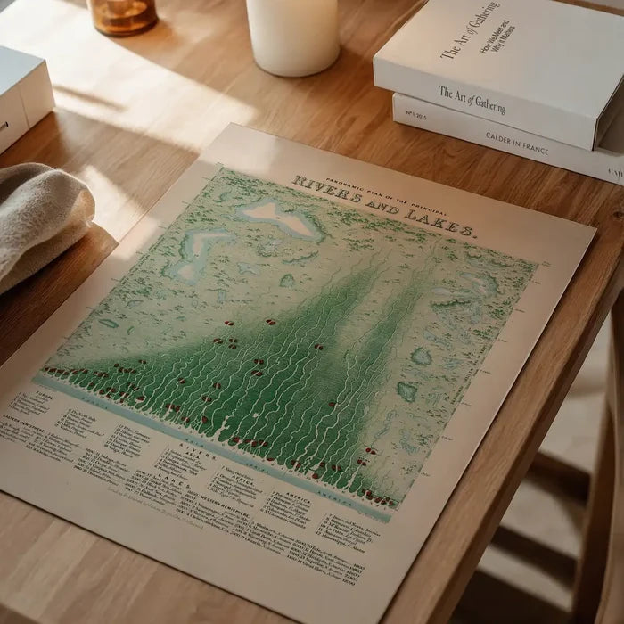 Panoramic plan of the principal rivers and lakes art print, educational poster unframed on a home office desk