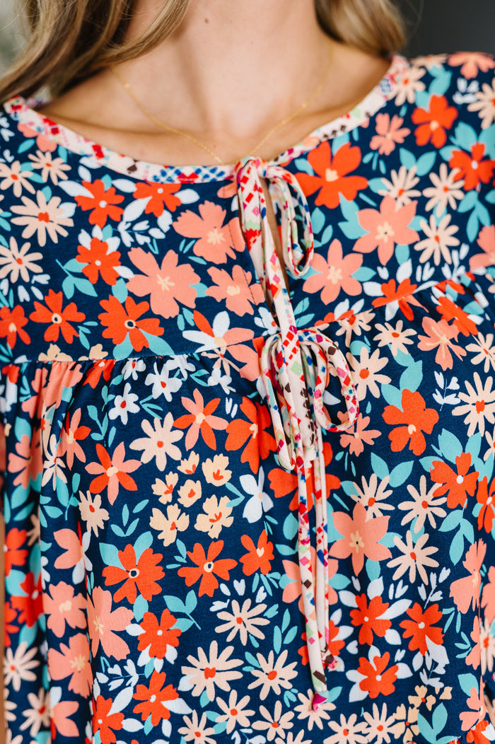 Petal to the Metal Flutter Sleeve Dress in Navy/Coral – alternate view 3