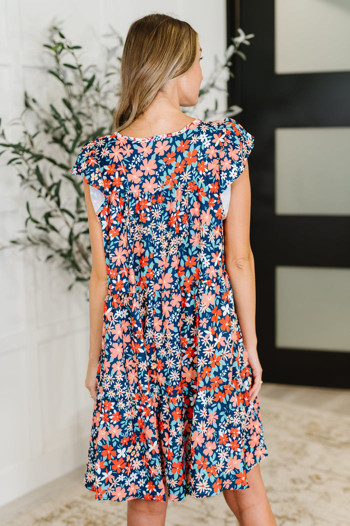 Petal to the Metal Flutter Sleeve Dress in Navy/Coral – alternate view 6