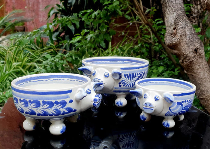 Pig Molcajete Bowl Set of 3 Blue and White