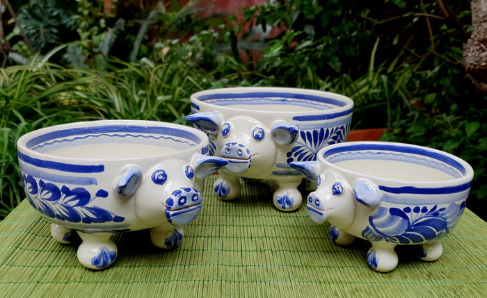 Pig Molcajete Bowl Set of 3 Blue and White
