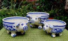 Pig Molcajete Bowl Set of 3 Blue and White