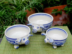 Pig Molcajete Bowl Set of 3 Blue and White