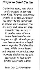 Prayer to St. Cecilia U - LAMINATED HOLY CARDS- QUANTITY 25 PRAYER CARDS